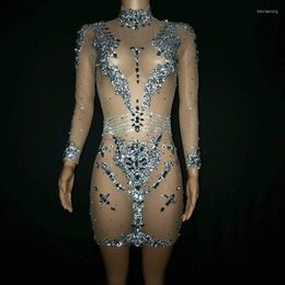 Stage Wear Sexy Mesh See Through Luxury Crystals Diamonds Dress Women Evening Prom Party Dresses Celebrity Birthday Outfit