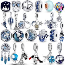 925 Pounds Silver New Fashion Charm for Pandora Bracelets, Original Accessories of The Space Plane Series, Blue Moon, Crystal Beads, Jewellery Gifts