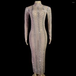 Stage Wear Sparkly Silver Rhinestones Transparent Long Dress Women Evening Birthday Celebrate Mesh Gown Dance Costume Show