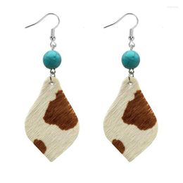 Dangle Earrings White Fur Cowhide Teardrop Western Rustic Fashion Round Turquoise Pendant Women's Jewelry Accessories