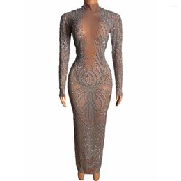Stage Wear Sparkly Full Silver Rhinestones Long Dress For Women Evening Wedding Celebrate Birthday Sexy Mesh Nightclub Party Outfit