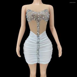 Stage Wear Sparkly Crystals Nude Mesh Transparent White Dress Women Party Prom Birthday Sexy Nightclub Outfit Show