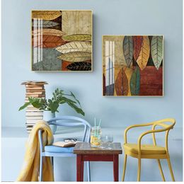 Square Wall Art Picture For Living Room HD Abstract Colourful Leaves Canvas Painting Retro Green Plant Print Fashion Decor Woo