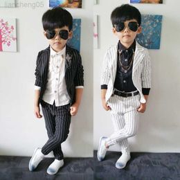 Clothing Sets Striped Child Blazers suit (jacket shirts pant brooch) teen Boys Prom Suit Kids Comes Slim Baby Kids Suit Black/white W0222