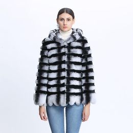 Women's Fur & Faux Winter Rex Coats For Women Coat With Hood Real Jackets Striped Long Sleeves Casual Clothes Slim