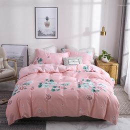 Bedding Sets 2023 Four-piece Simple Cotton Double Household Bed Sheet Quilt Cover Thickening Sanding Dormitory Pink Flowers