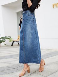 Casual Dresses Denim Skirt Long Women Blue Solid A-line Skirts Fashion Lady Streetwear Casual Pocket High Waist Jeans Skirt Office Maxi Skirt 230222