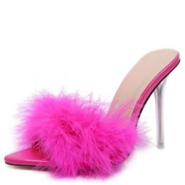 Sandals Lady's High Heeled Soft Fluffy Fur Sexy Pointed Faux Slippers Thin Heel Slip On Summer Stiletto Shoes Women