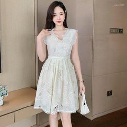 Casual Dresses 2023 Summer Hollow Three-Dimensional Flower Embroidery Fairy Dress Women Heavy Industry Exquisite Waist Princess Party