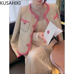 Womens Jackets KUSAHIKI Autumn Winter Chic Cotton Liner Coat Women Long Sleeve Oneck Korean Jacket Causal Single Breasted Elegant Outwear Tops 230222