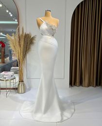 Elegant Mermaid Prom Dresses Sleeveless Bateau Satin Strap 3D Flowers Appliques Sequins Beaded Floor Length Celebrity Evening Dresses Plus Size Custom Made