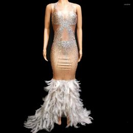 Stage Wear Sparkly Rhinestone Feather Tail Dress Women Sexy Sleeveless Bodycon Long Prom Evening Costume Birthday Party Dresses