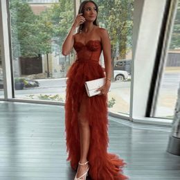 Sexy Side High Slit Ruffles Prom Dresses Sleeveless Sweetheart Corset Long Special Occasion Gowns Lace Tulle Pleats Red Evening Dress for women Girls