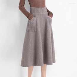 Skirts Autumn Winter Women Wool Knit Midi Skirt Korean High Waist Mid-Length Female Fashion Pockets Office A-line