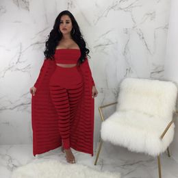 Women's Tracksuits Women Perspective Sexy 3 Piece Long Set Cardigan Cloak Coat Crop Tops Legging Pants Summer Outfits Stripe Red TracksuitsW
