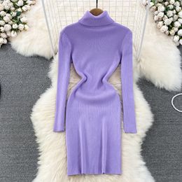 Casual Dresses Elegant Turtleneck Long Sleeve Knit Bodycon Pencil Dress Slim Basic Fashion Sweater Vestido Sexy Women Autumn Winter Clothing 230222