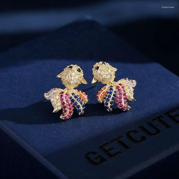 Stud Earrings Chinese Style S925 Silver Needle Colour Zircon Koi For Women Niche Creative Design Sweet Cute Goldfish Orange