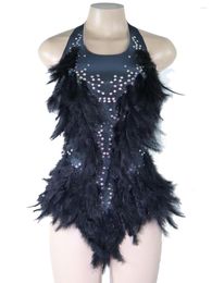 Stage Wear Sexy Suspenders Black Feather Dress Colorful Rhinestone Backless Jumpsuit Nightclub Party DJ Performance Costume