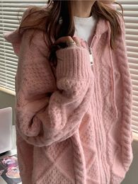 Women's Sweaters HOUZHOU Korean Fashion Knit Cardigan Women Autumn Winter Casual Loose Zipper Hooded Thick Sweater Coat Long Sleeve Pink Top 230222