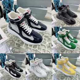 With Box Prad Designer Casual Shoes Mens America Cup Sneakers High Patent Leather Flat Trainers Black Blue Mesh Lace-Up Nylon Sn Va 5602