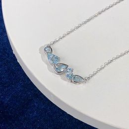 Chains HT Solid 925 Sterling Silver Nature Blue Aquamarine 1.6ct Gemstones Necklaces For Female's Birthday's Presents