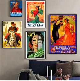 Canvas Paintings Vintage Pictures Kraft Posters Coated Wall Stickers Home Decoration Gift Spain Seville Flower Girl Travel Woo