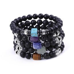 Strand Couple Jewellery Healing Square Natural Stone Bracelet Energy Black Lava Amethysts Tiger Eye Purple Crystal For Women Men Beaded