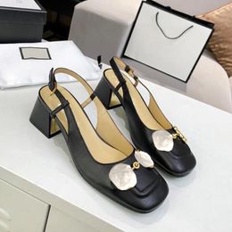 Designer elegant summer sandals sexy fashion middle heel metal button solid party office square head British style versatile women's shoes