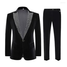 Men's Suits Luxury Diamond Velvet 2 Piece Suit Men Peaked Lapel One Button Tuxedo Blazer Wedding Party Dinner Prom Jacket Pants Set XXXL