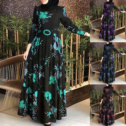 Ethnic Clothing Women Long Sleeve Muslim Abaya Dress Ethnic Floral Print Belt Maxi Kaftan Robe women's dress woman dress dresses for women skirt 230222