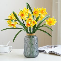 Decorative Flowers 3/5Pcs Yellow Artificial Narcissus Daffodil Orchid Fake Flower Wedding DIY Decor House Living Room Home Decoration