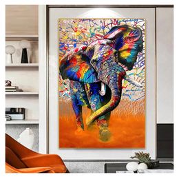 Colorful Graffiti Art Posters and Prints Wall Art Animal Picture for Living Room African Wild Elephant Painting Woo