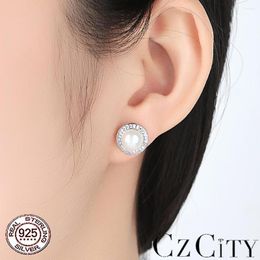 Stud Earrings CZCITY Brand Round Shape For Women Natural Pearl Zircon 925 Sterling Silver Delicate Fine Jewellery Gift