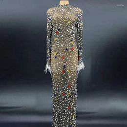 Stage Wear Sparkly Crystal Feather Sleeve Long Dress Fashion Prom Gown Evening Sexy See Through Birthday Club Party Outfit