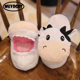 Slippers 2022 Cows Plus Open Mouth Women Winter Warm Plush Home Slippers Kawaii Cute Animal Slippers Funny Cartoon Slides Z0215