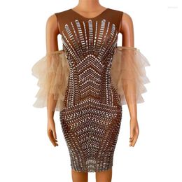 Stage Wear Brown Short Skirt DJ Jazz Dance Costume Nightclub Dress Rave Outfit Sparkly Rhinestones Women Show