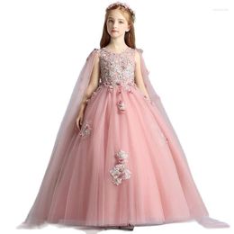 Girl Dresses Flower Appliques Crystal O-Neck Princess Sleeveless Floor-Length Lace Tulle Pearls Embroidery Kids Party Gown