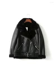 Women's Leather Women 2023 Fashion Double-sided Jacket Coat Vintage Fur In One Female Outerwear Tops Chaqueta Negra