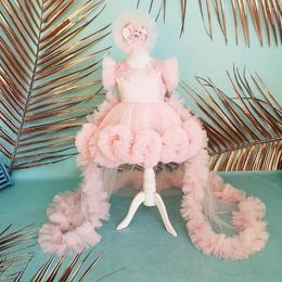 Girl Dresses Cute Pink Flower Dress Tulle Applique O Neck Princess Birthday Party Gown Year Ceremony Kid