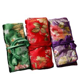 Custom Zip Roll Up Cosmetic Jewellery Storage Bags for Travel Packaging Drawstring Chinese Silk Brocade 3 Zipper Pouches