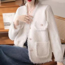 Women's Knits Tassel Knitted Cardigan Sweater Woman Autumn Imitation Mink Cashmere Versatile Long Sleeve Women Pocket Elegant