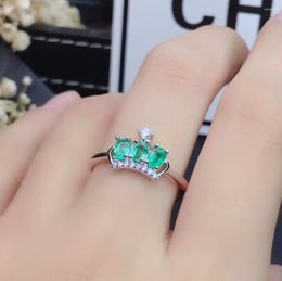 Cluster Rings Elegant Lovely Crown Row Natural Green Emerald Ring S925 Silver Purple Crystal Girl Women's Party Gift Fine Jewelry