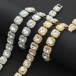 Hip Hop Cuban Link Chain Square Necklace Bracelet Set Heavy 18K Real Gold Plated zircon Metal Necklace for Men