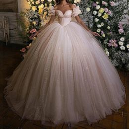 Party Dresses 2023 Off The Shoulder Glitter Wedding Dress Sweetheart Elegant Short Sleeves Pleated Tulle Princess Bridal Gowns trouw jurk 230221