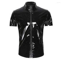 Men's T Shirts PVC Leather Shiny Metallic Men Fashion Party Club Clothing Mens Black Tees Tight Gay Sexy Corset Compression T-shirt