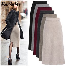 Casual Dresses KarSaNy Autumn Winter Knit Pencil Skirt Women High Waist Skirts Womens Knited Split Midi Skirt For Women Autumn 6XL 230222