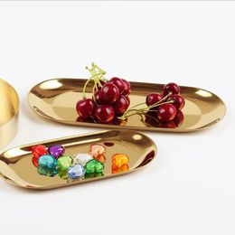 Kitchen Storage & Organisation 2pcs Luxurious Metal Tray Gold Oval Dotted Fruit Plate Small Items Jewellery Display Mirror