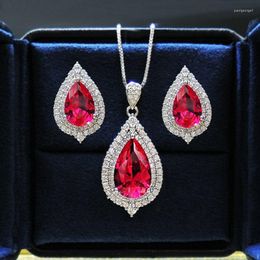 Necklace Earrings Set SINZRY Luxury Jewellery Red Cubic Zirconia Micro Pave Waterdrop Vintage Women's CZ Pendant Earring Sets