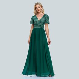 Party Dresses Formal Dress Women Elegant V-Neck Chiffon Sexy Prom Dress Floor-Length Evening Gown with Short Sleeves 230222