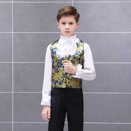 Clothing Sets Boys Retro European Court Clothing Set Child Prince Charming Drama Show Dress Suit Kids Blazer Vest Pants Collar Flower Outfit